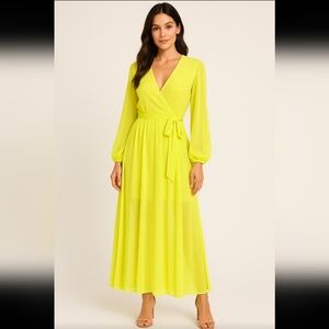 Vintage Bohemian Neon Elegant Long Sleeve Yellow Wrap Dress